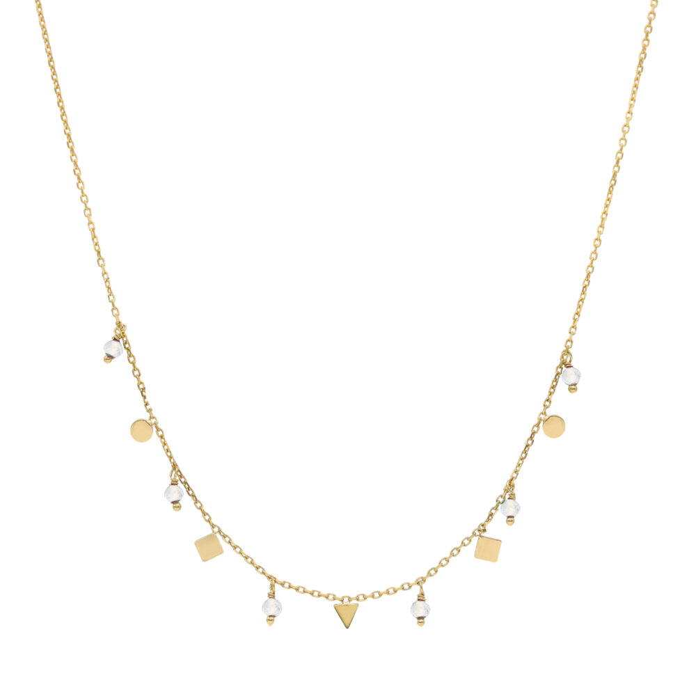 Collier argent doré pampilles de forme géométrique et pierre de lune blanche
