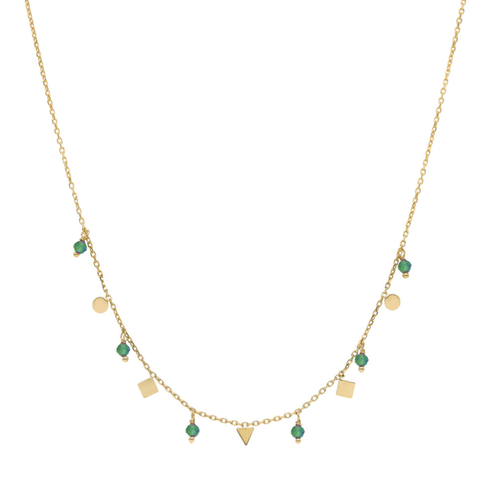 Collier argent doré pampilles de forme géométrique et pierre onyx verte