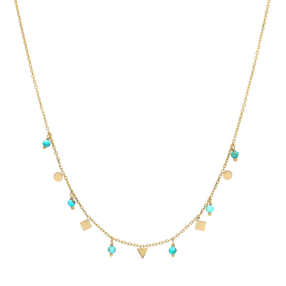 Collier argent doré pampilles de forme géométrique et pierre turquoise