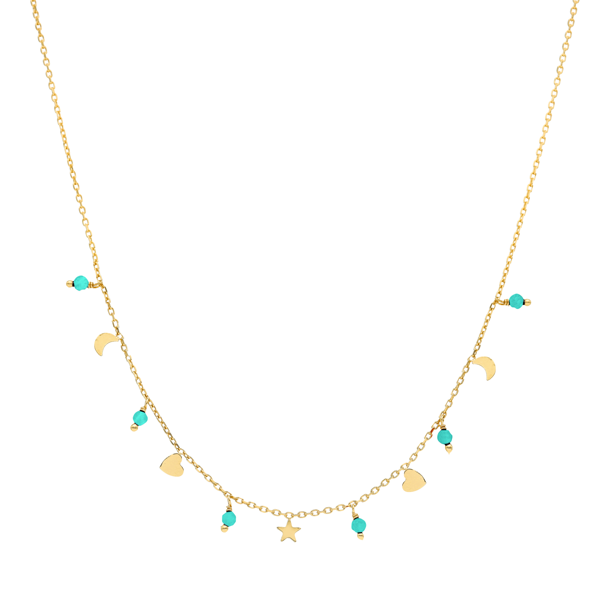 Collier argent doré pampilles de forme lune cœur et pierre amazonite