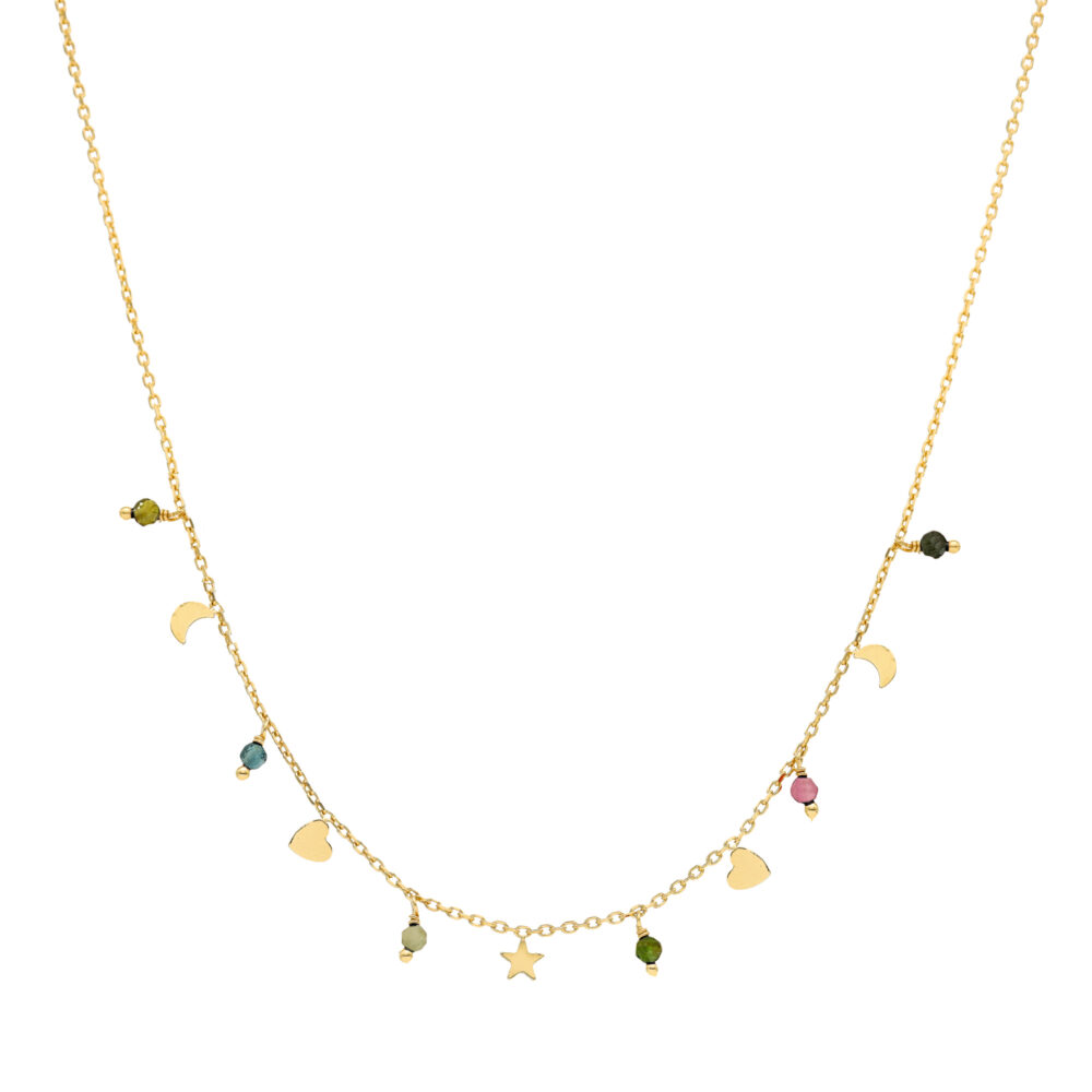 Collier argent doré pampilles de forme lune cœur et pierre tourmaline