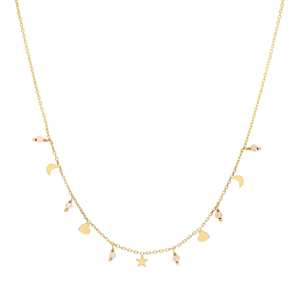 Collier argent doré pampilles de forme lune cœur et pierre opale rose