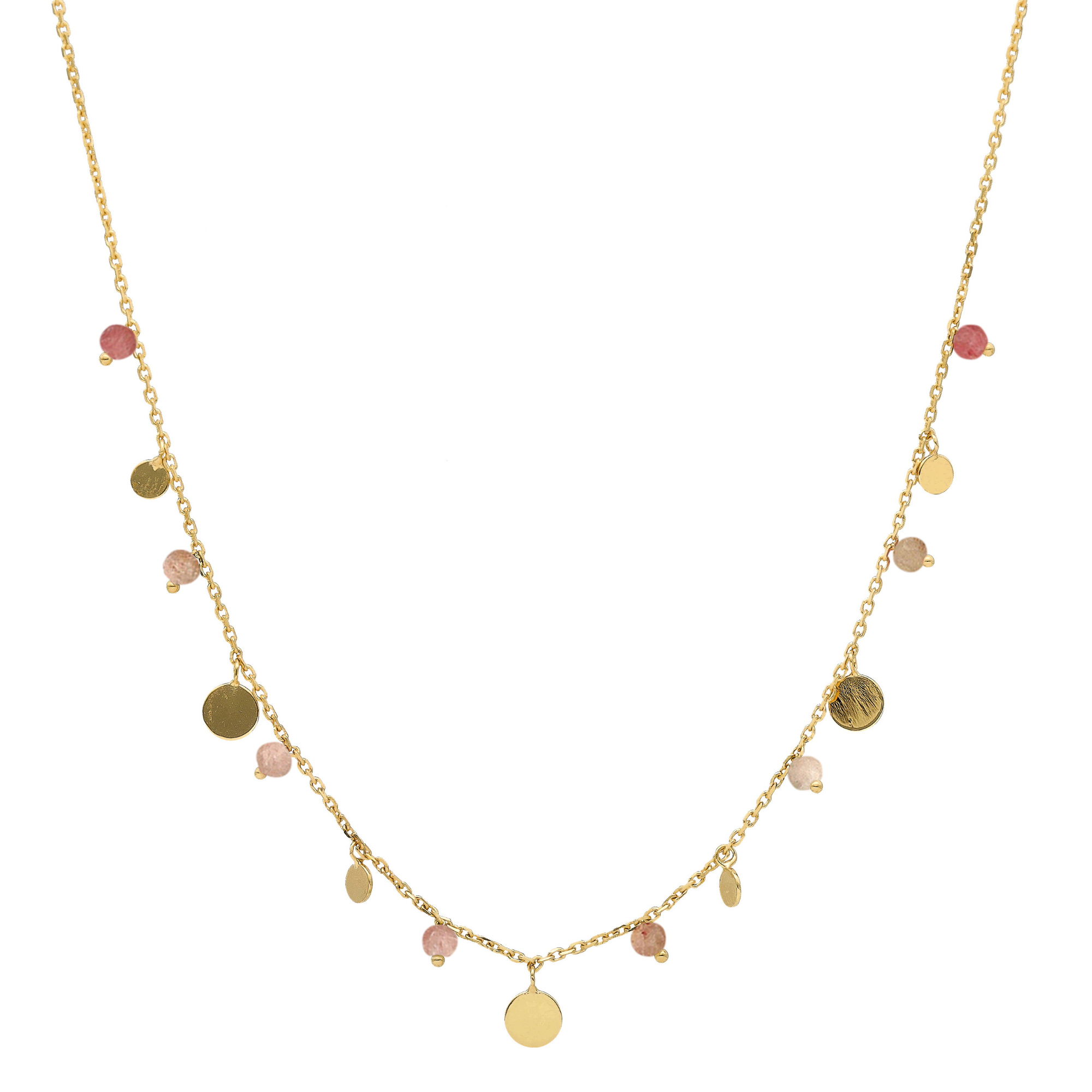 Collier argent doré pampilles et pierres quartz rose fraise