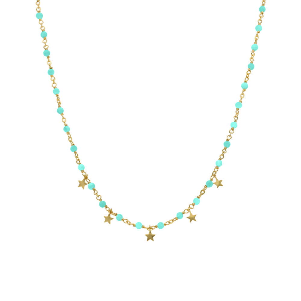Collier argent doré pampilles étoiles et pierres amazonite