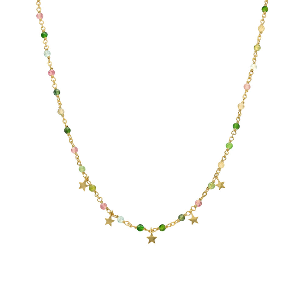 Collier argent doré pampilles étoiles et pierres multi tourmaline