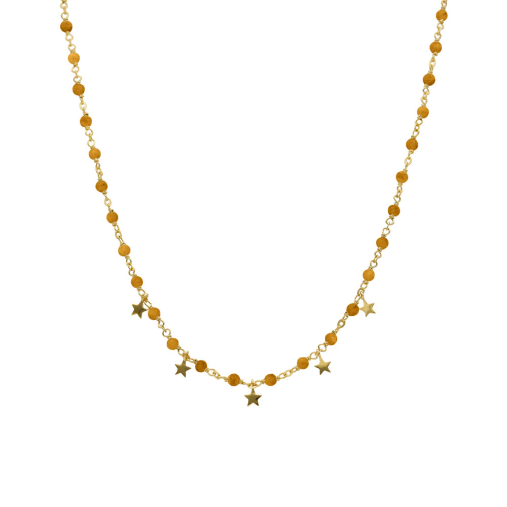 Collier argent doré pampilles étoiles et pierres œil de tigre