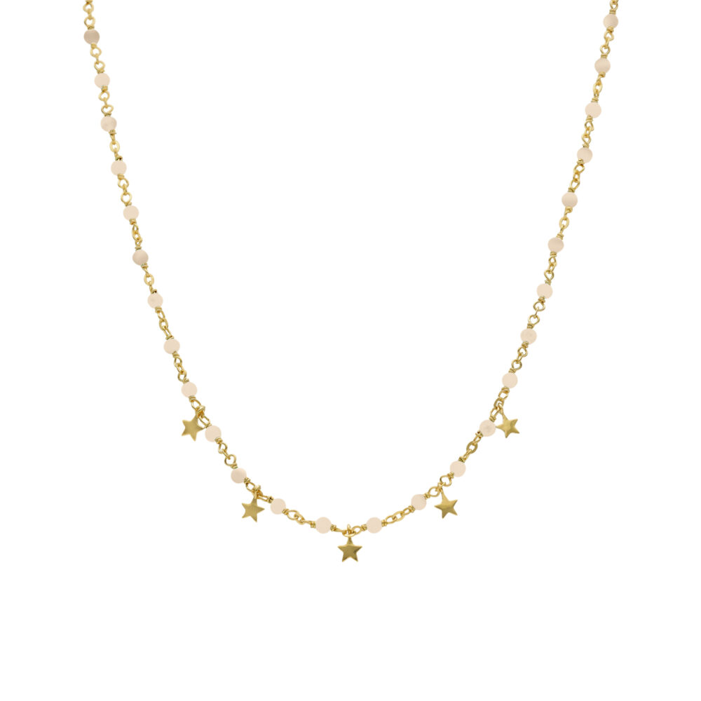 Collier argent doré pampilles étoiles et pierres opale rose