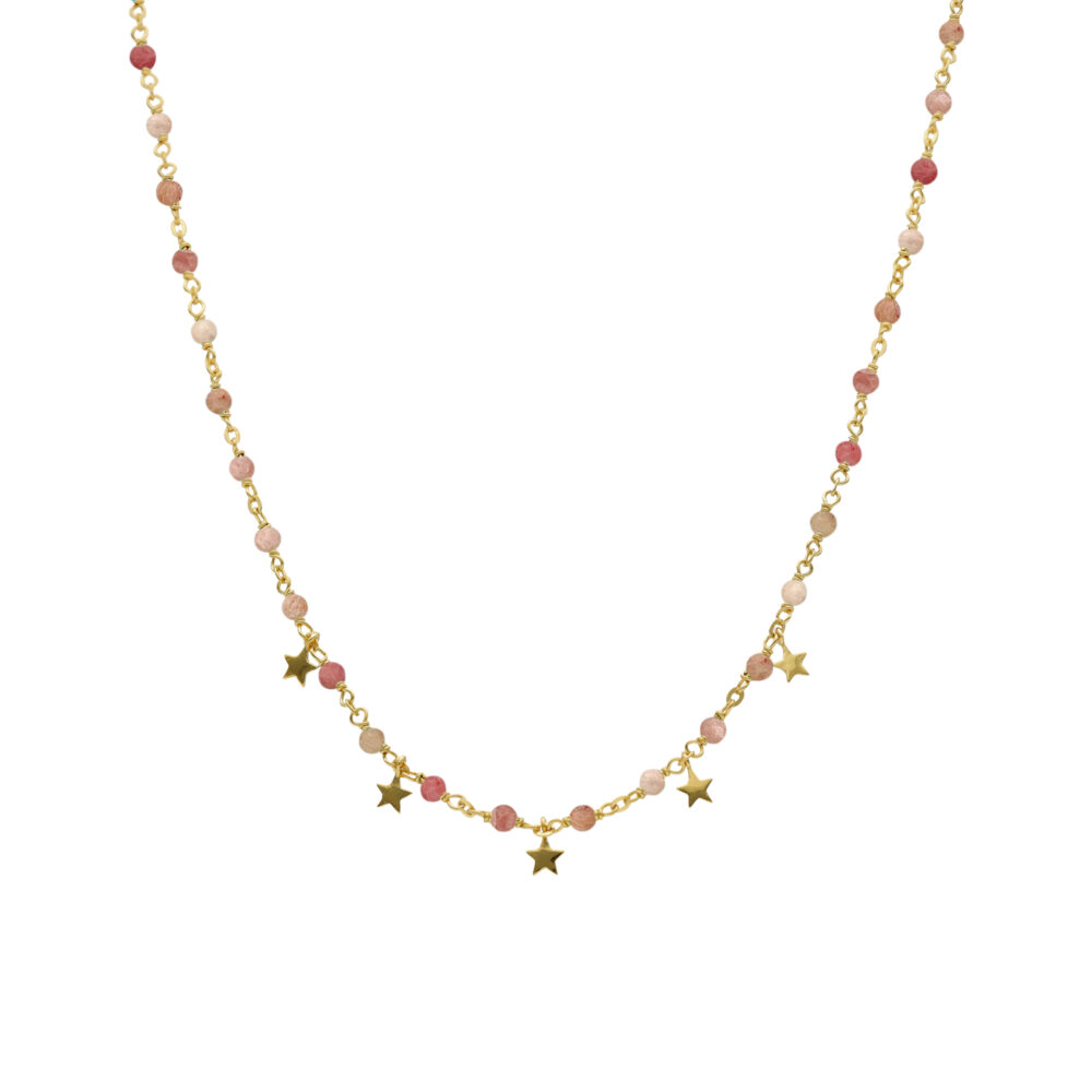 Collier argent doré pampilles étoiles et pierres quartz rose fraise