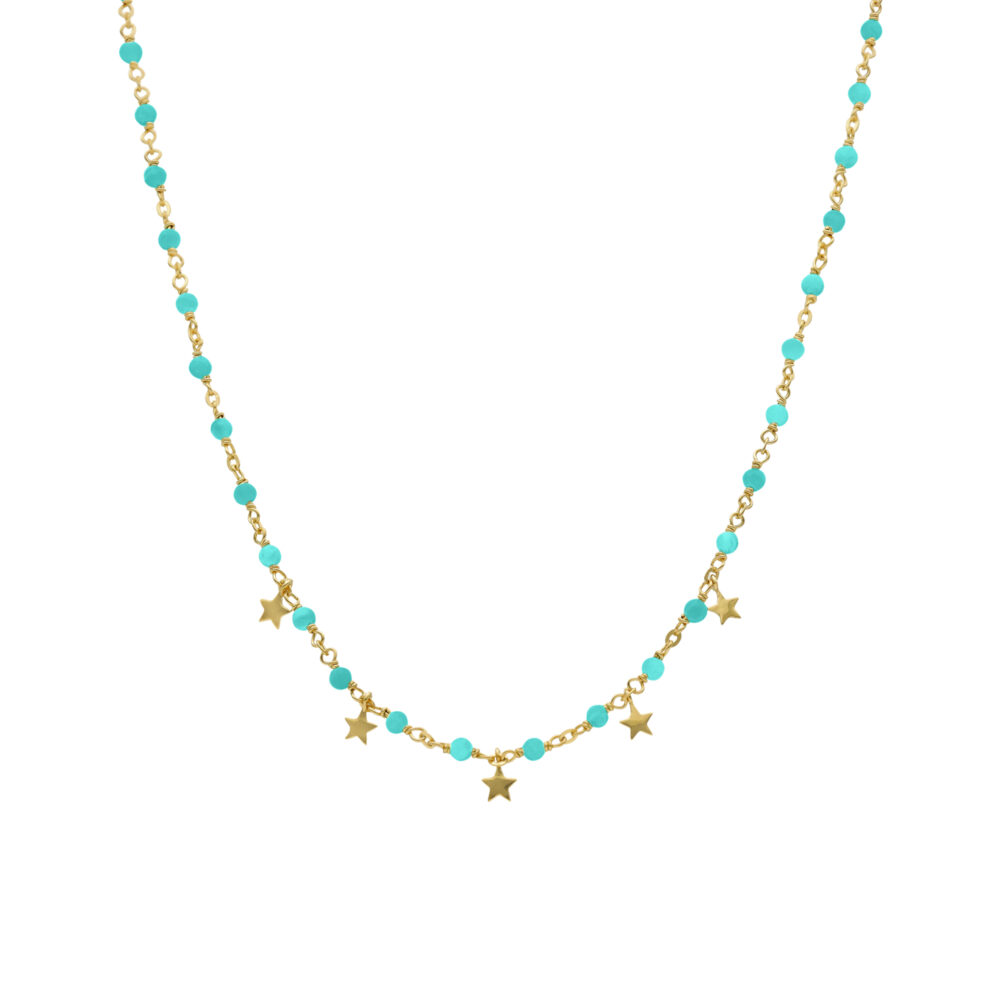 Collier argent doré pampilles étoiles et pierres turquoise