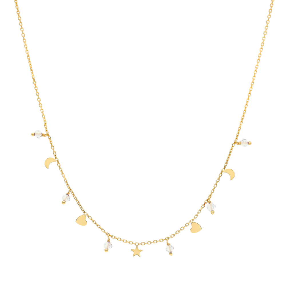 Collier argent doré pampilles lune coeur et pierre blanche