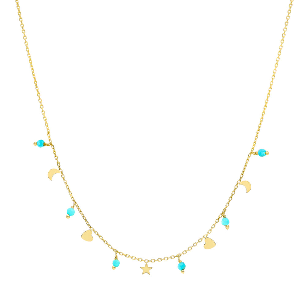 Collier argent doré pampilles lune coeur et pierre turquoise