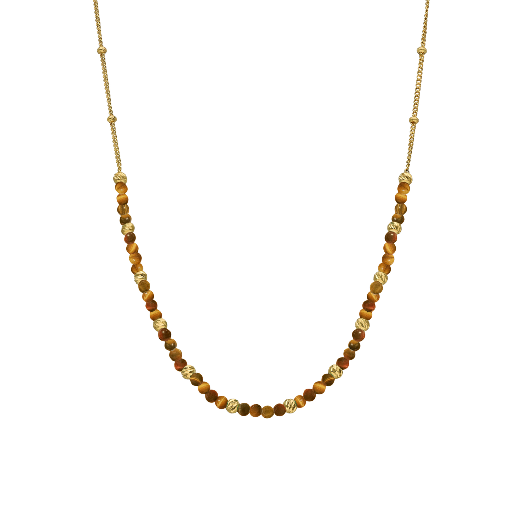 Collier argent doré perles dorée et pierres œil de tigre