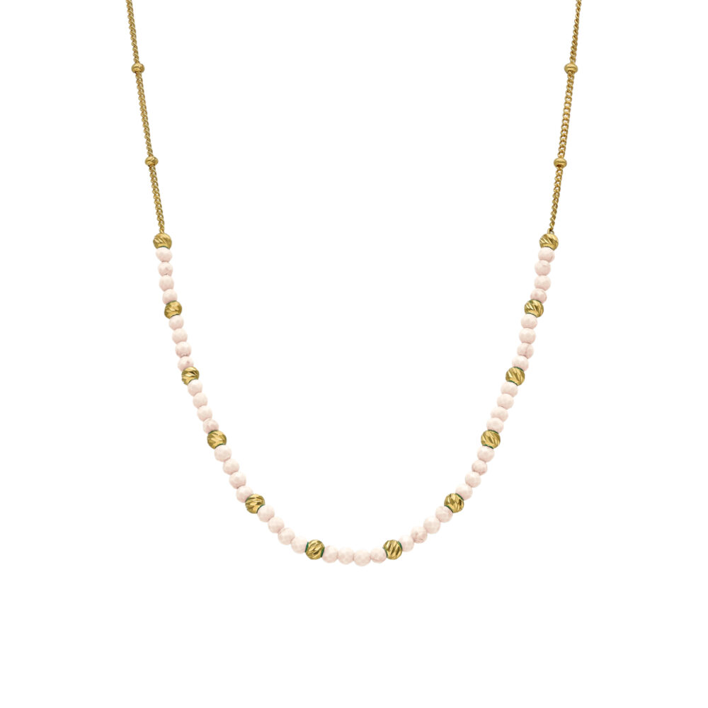 Collier argent doré perles dorée et pierres opale rose