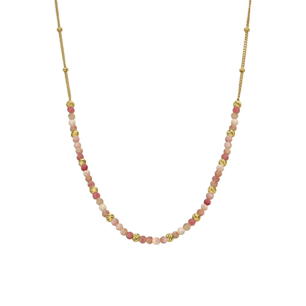 Collier argent doré perles dorée et pierres quartz rose fraise