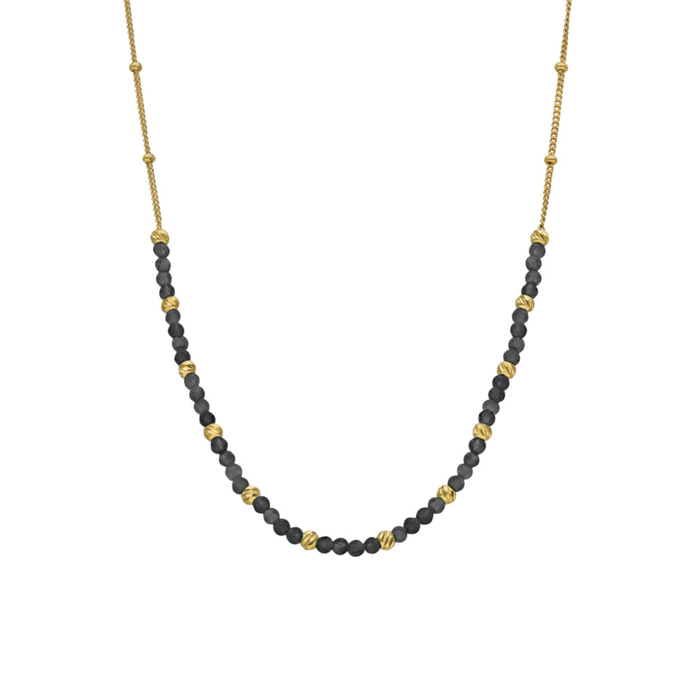 Collier argent doré perles dorée et pierres spinelle noire