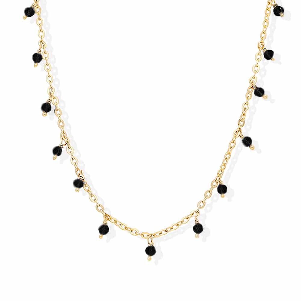 Collier argent doré petites gouttes perles spinelle noire