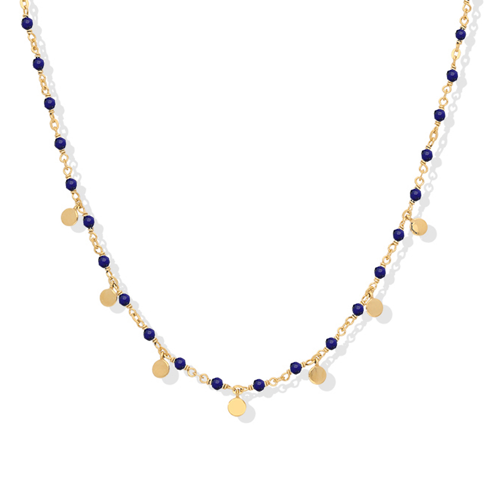 Collier argent doré petites perles pampilles et pierre lapis