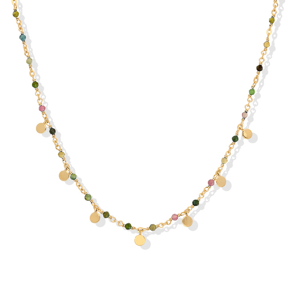 Collier argent doré petites perles pampilles et pierre tourmaline