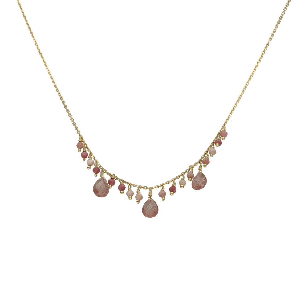 Collier argent doré pierre pampille rhodonite rose