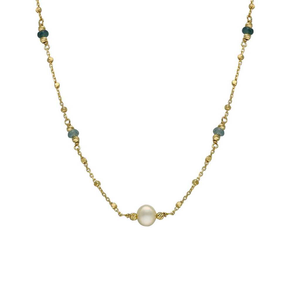 Collier argent doré pierres précieuses saphir véritable et perle naturelle blanche