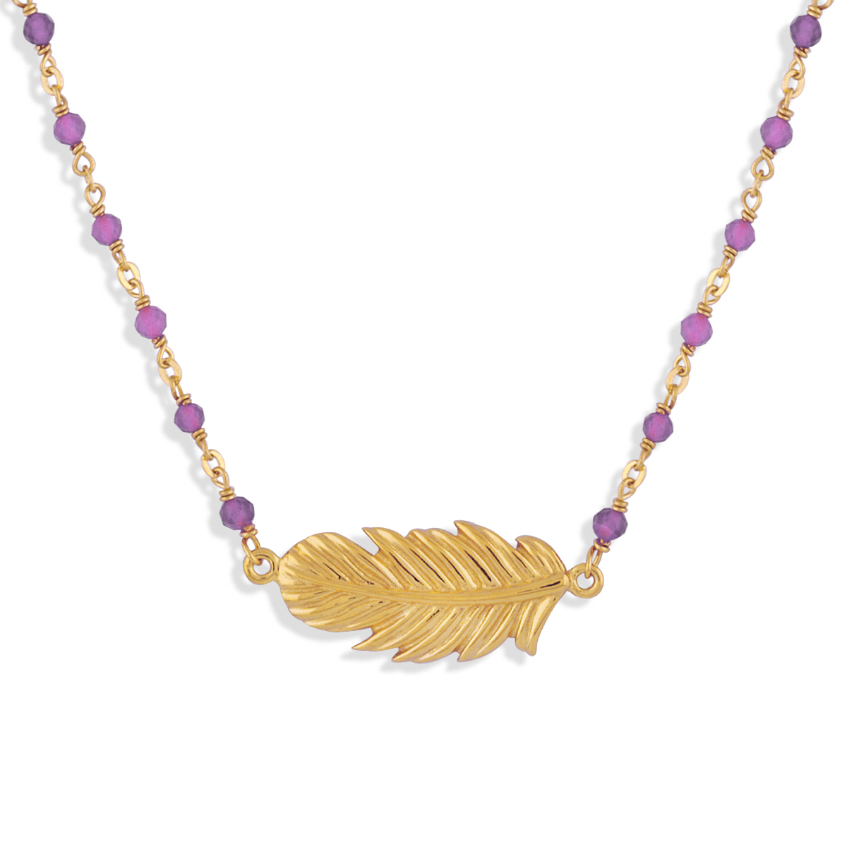 Collier argent doré plume et amethyste