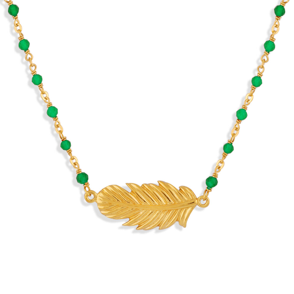 Collier argent doré plume et onyx vert