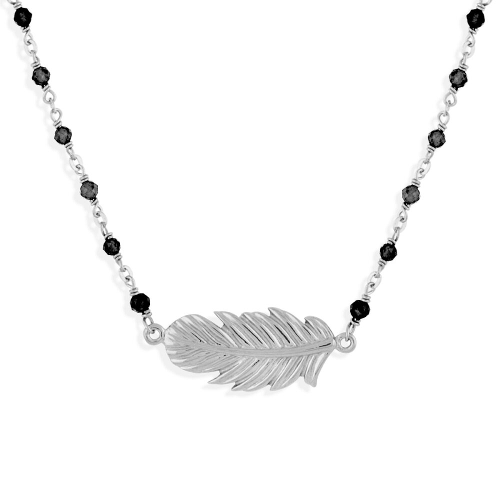 Collier argent rhodié plume et pierres spinelle naturelles noires