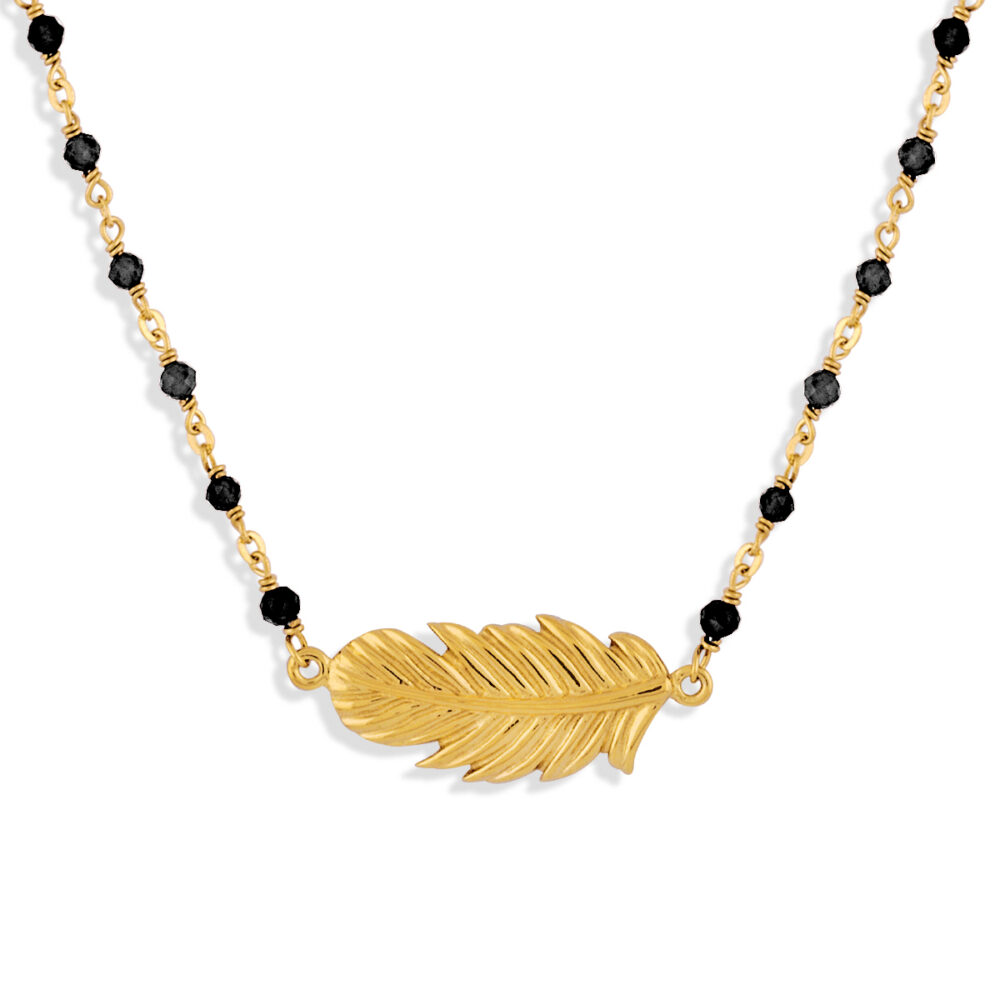 Collier argent doré plume et pierres naturelles noires
