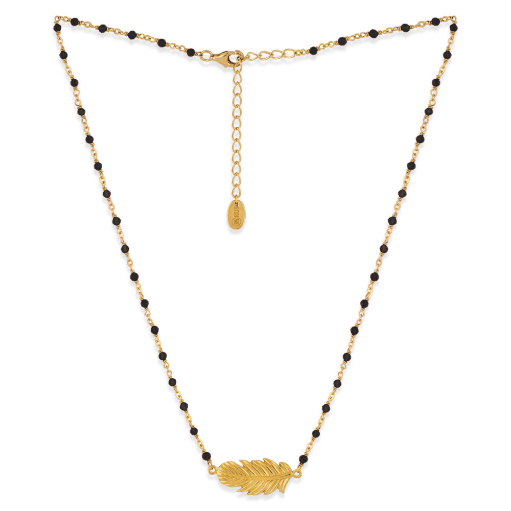 Alternative view of Collier argent doré plume et pierres naturelles noires
