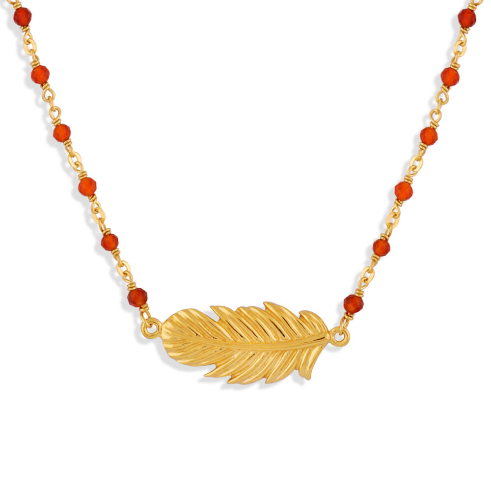 Collier argent doré plume et pierres naturelles rouges