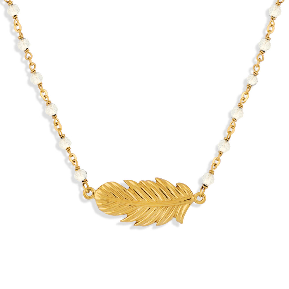 Collier argent doré plume et pierres naturelles blanches