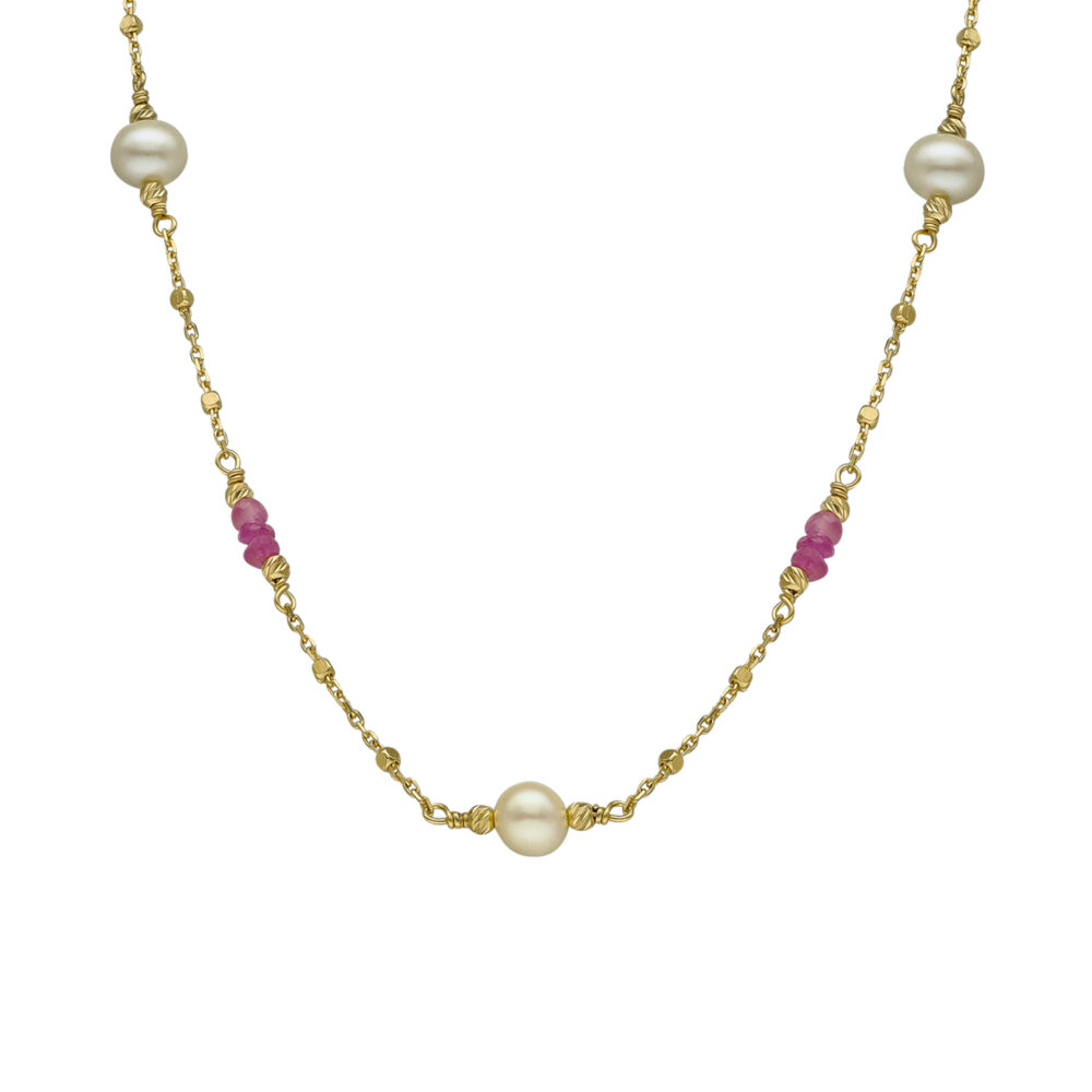 Collier argent doré pierres précieuses rubis véritable et perle naturelle blanche