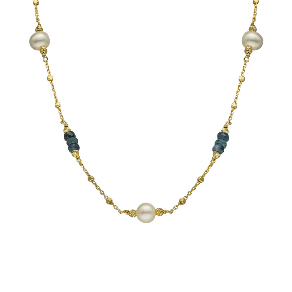 Collier argent doré pierres précieuses saphir véritable et perle naturelle blanche