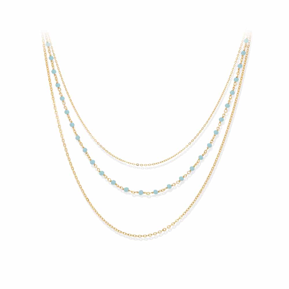Collier argent doré triple rang petite perles turquoise