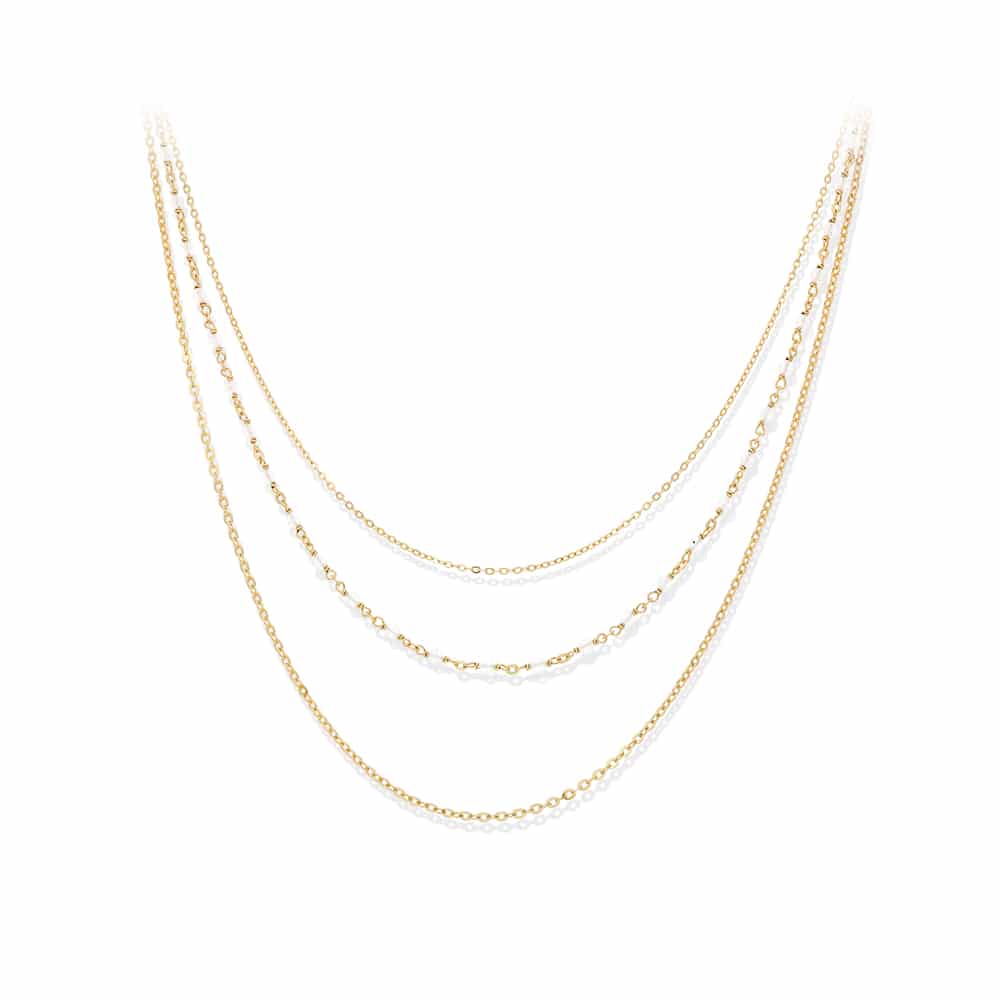 Collier argent doré triple collier petite perles pierre de lune blanche