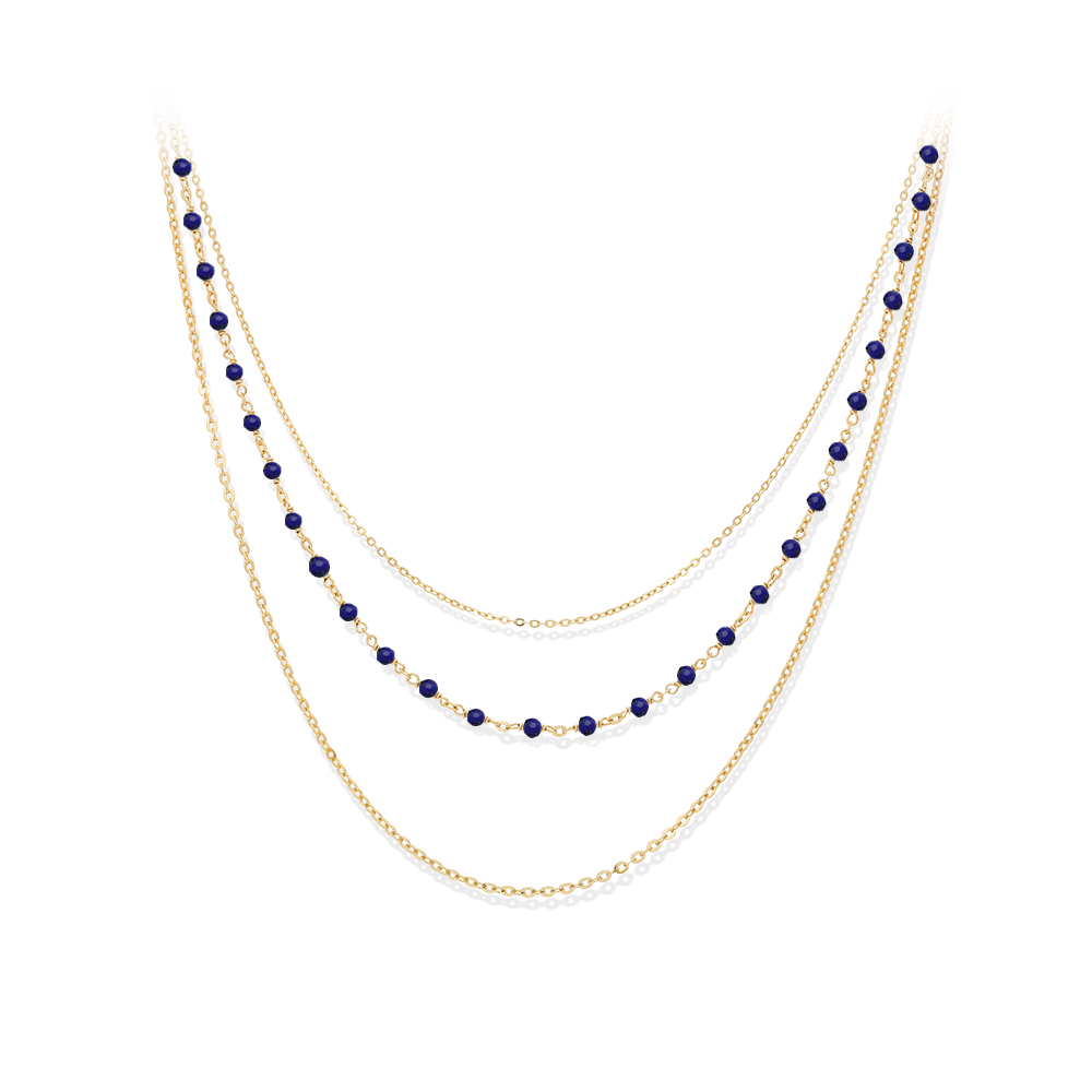 Collier triple argent doré petite perles pierre lapis