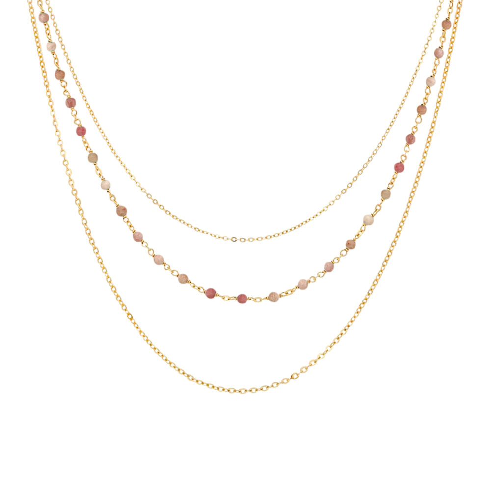 Collier argent doré triple collier petite perles pierre quartz rose fraise