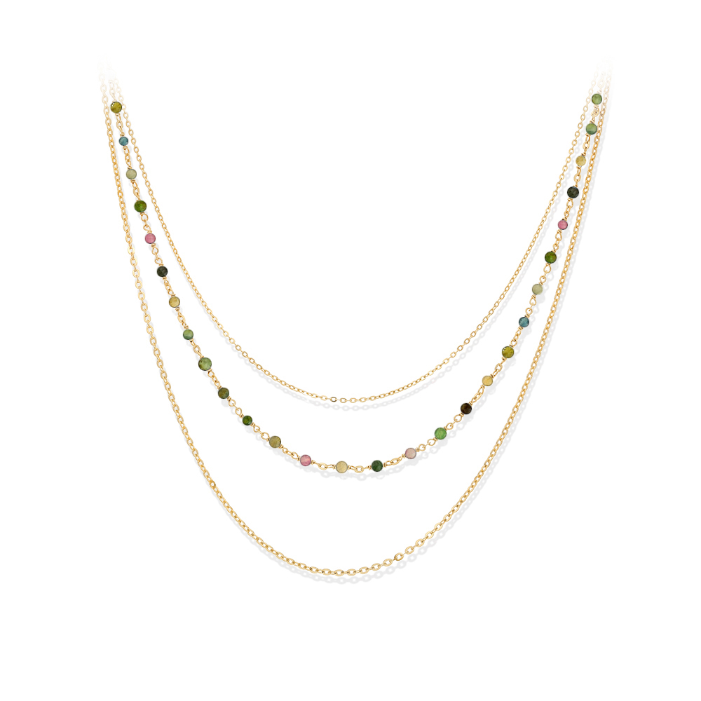 Collier argent doré triple collier petite perles pierre tourmaline