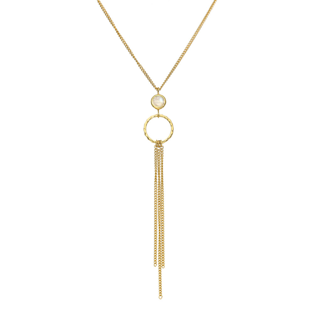 Collier argent dorée chaines pendantes et pierre de lune blanche