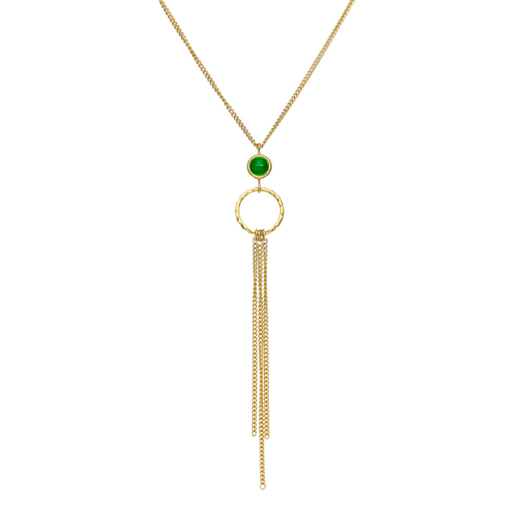 Collier argent dorée chaines pendantes et pierre onyx vert