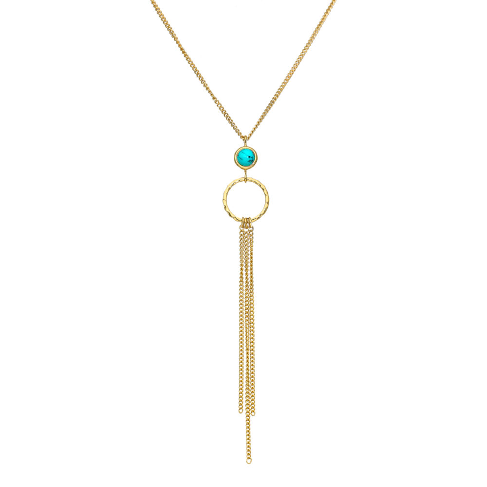 Collier argent dorée chaines pendantes et pierre turquoise