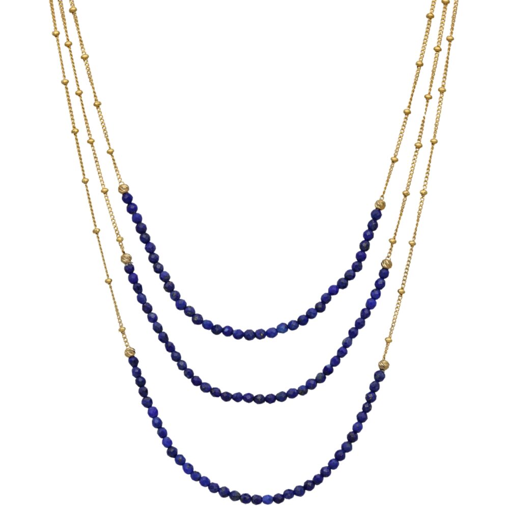 Collier argent dorée trois chaines et pierres naturelles lapis