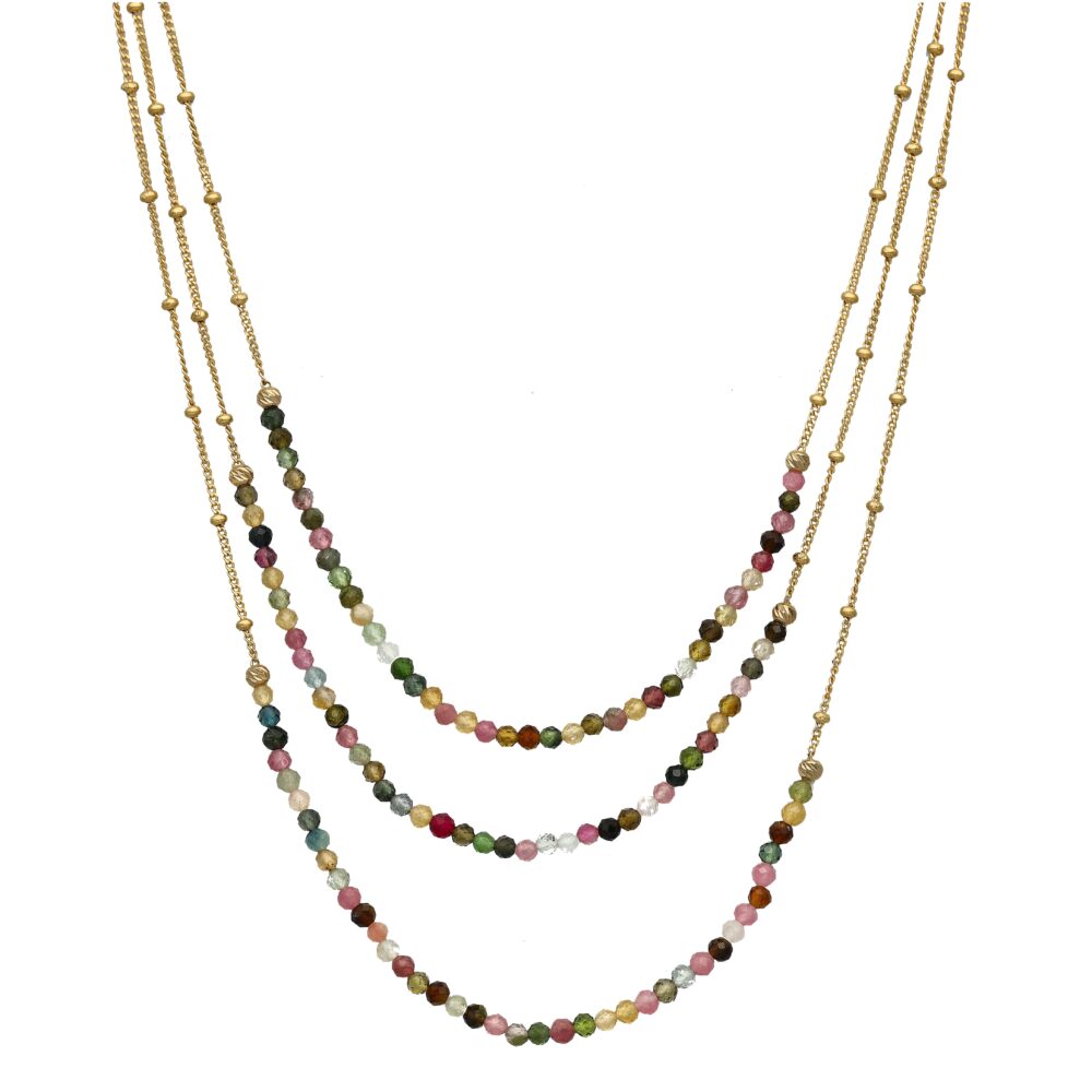 Collier argent dorée trois chaines et pierres naturelles multi tourmaline