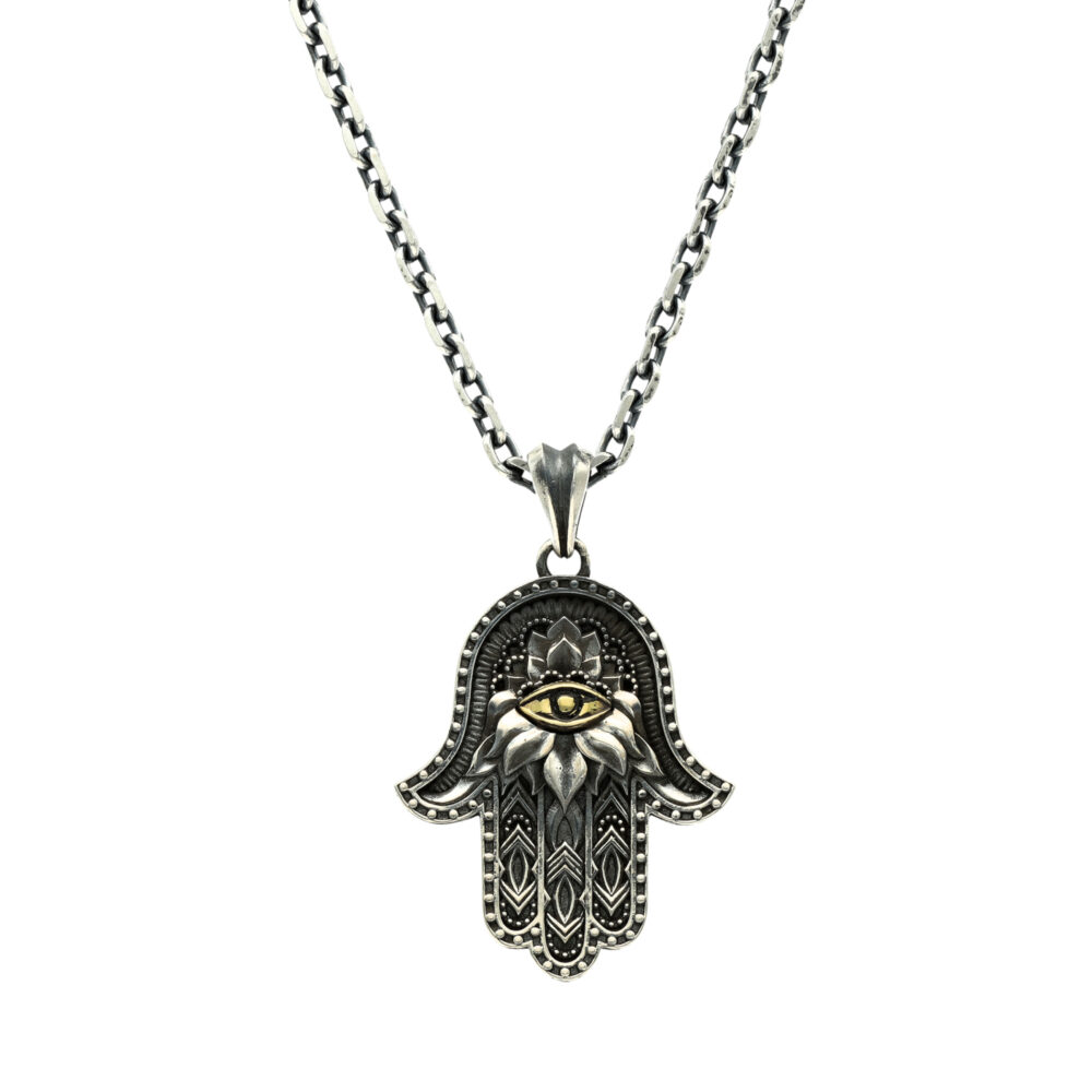 Collier argent main de Fatma hamsa avec un œil doré