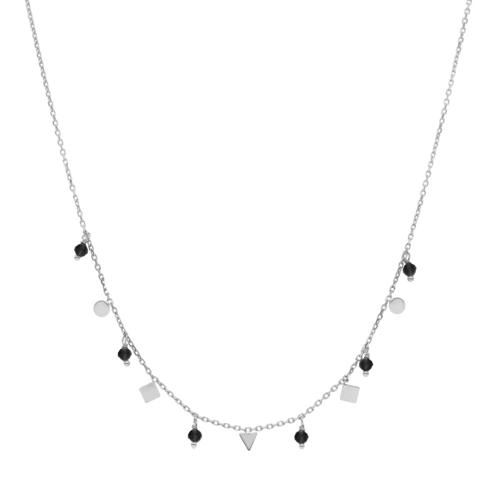 Collier argent pampilles de forme géométrique et pierre spinelle noir