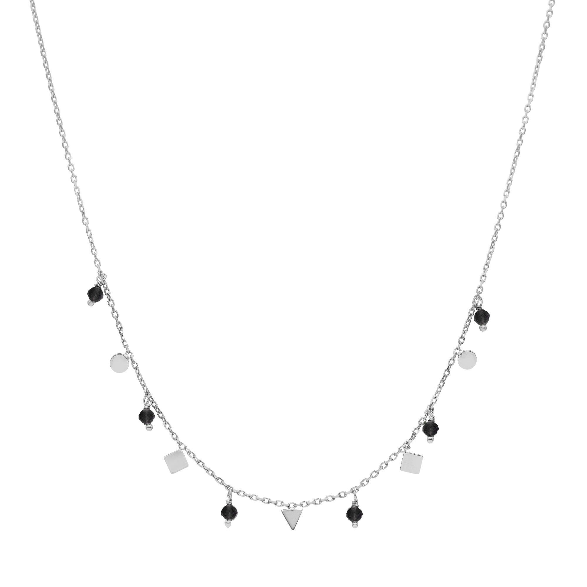Collier argent pampilles de forme géométrique et pierre spinelle noir