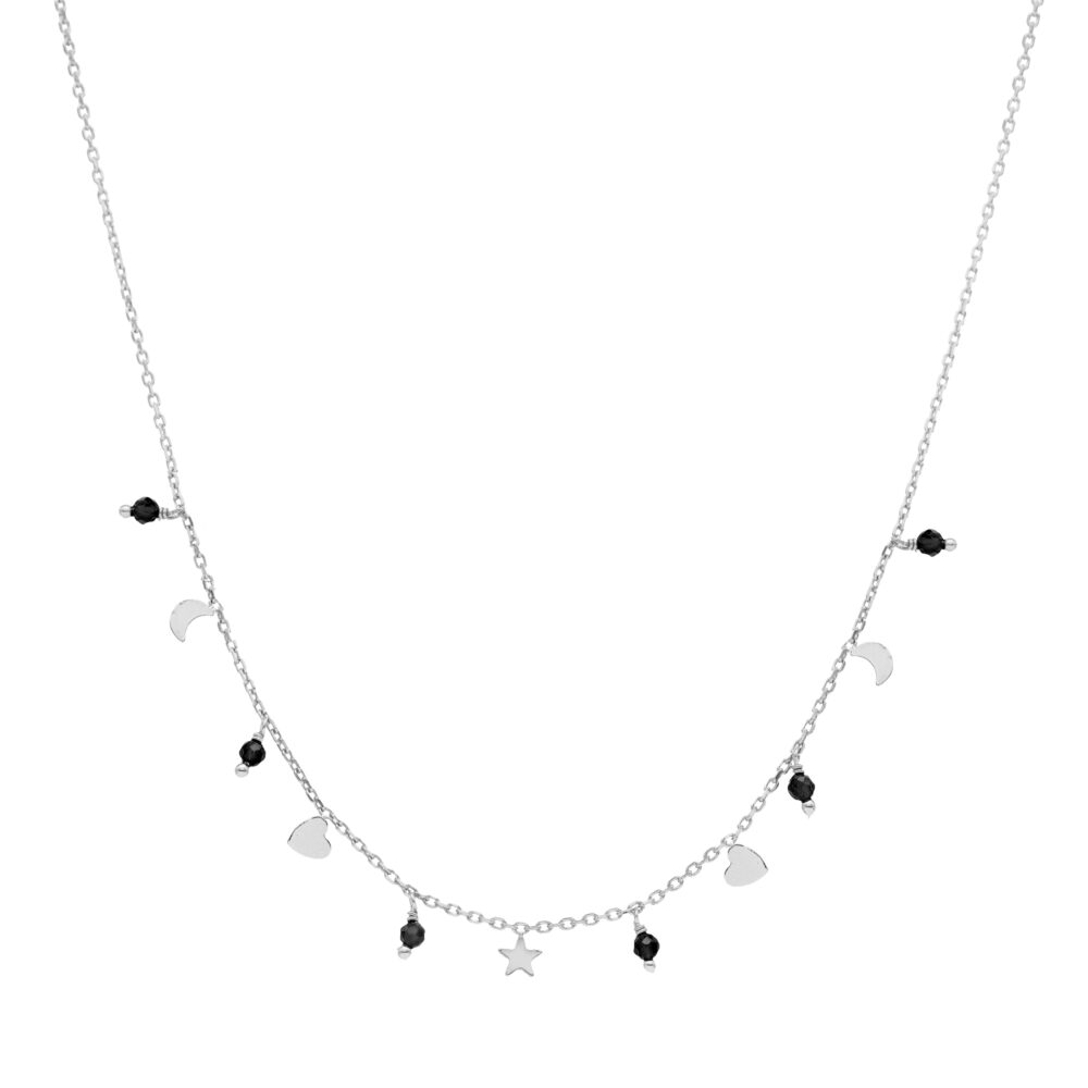 Collier argent pampilles de forme lune coeur et pierre spinelle noir