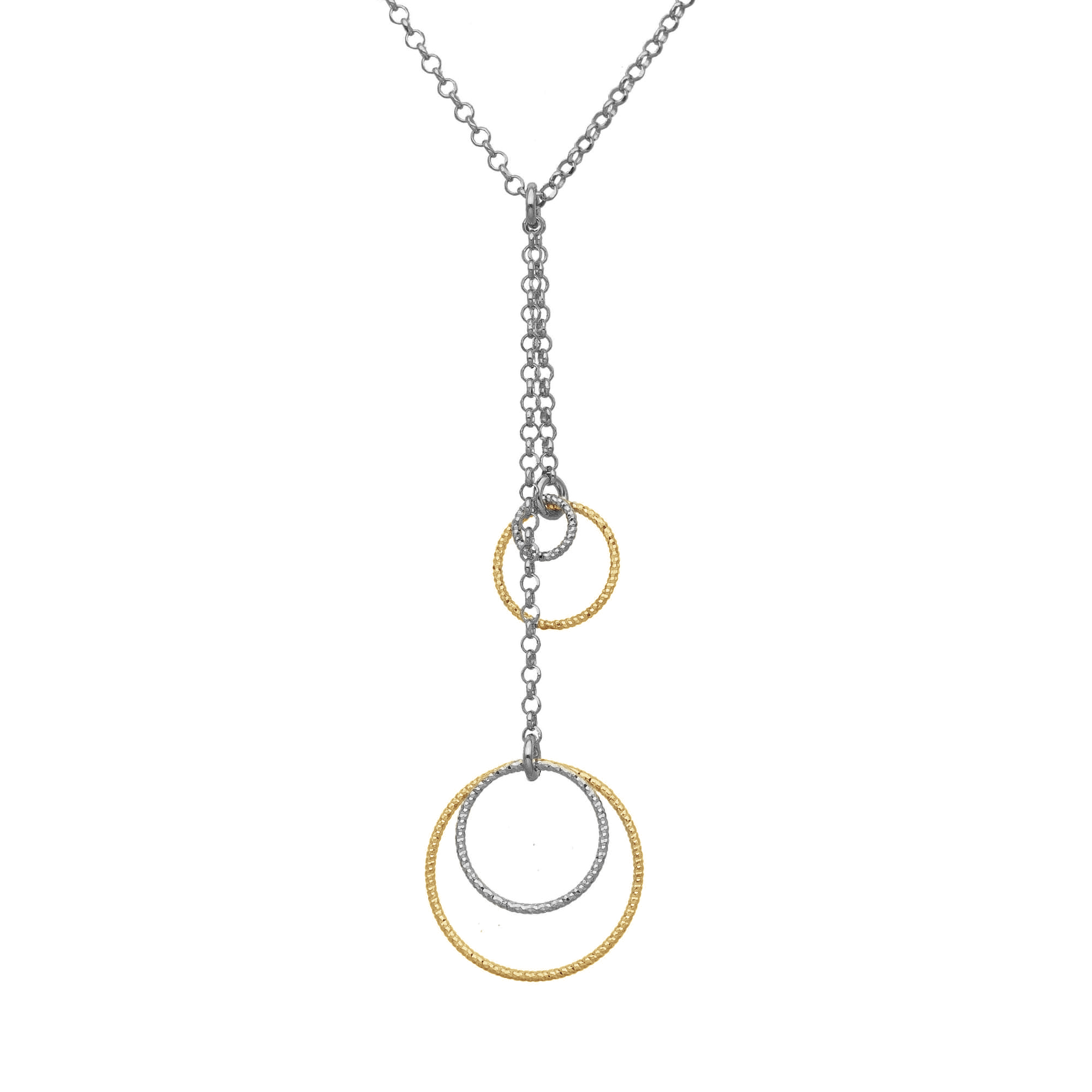 Collier argent rhodié bicolore doubles chaînes cercles diamantés