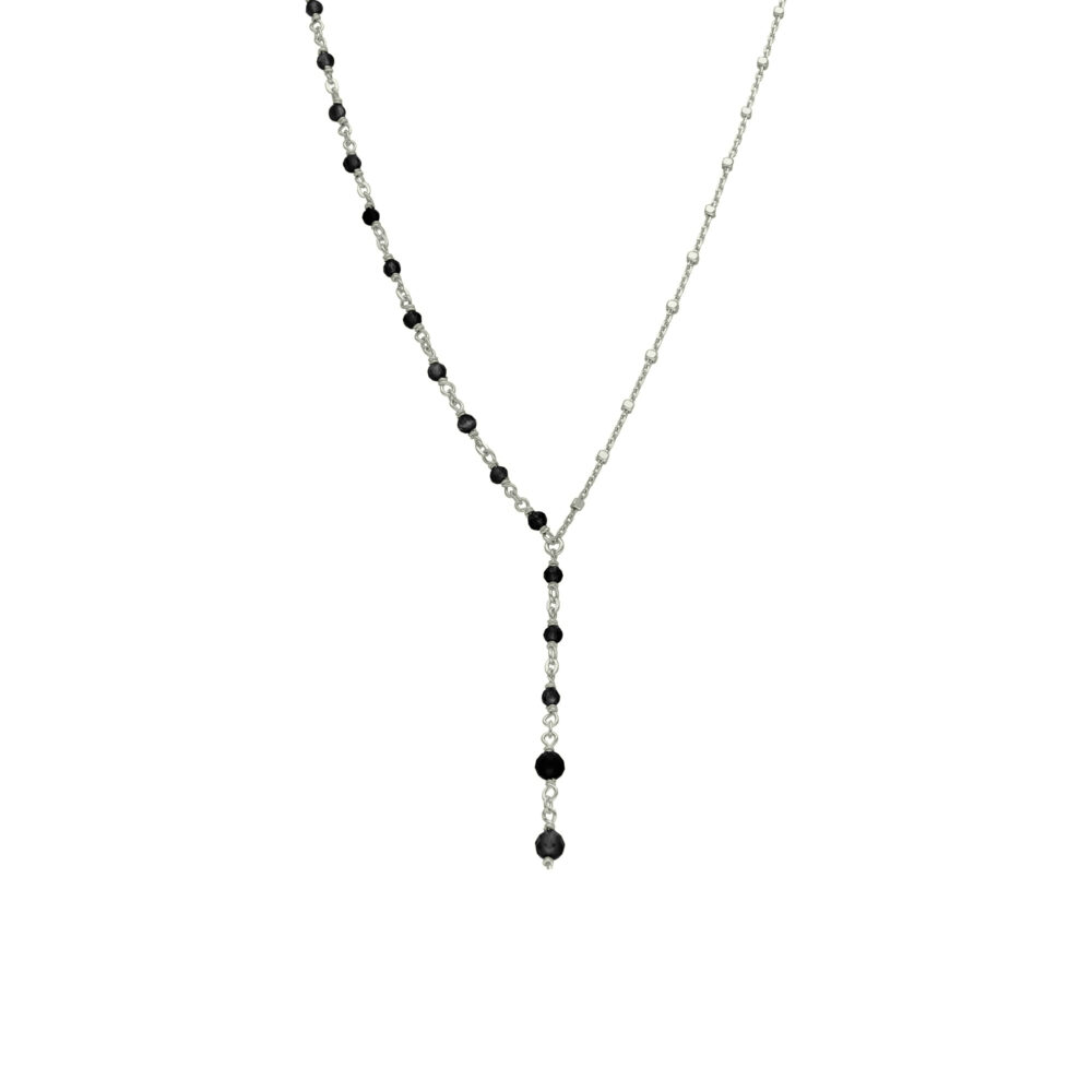 Collier argent rhodié cascade cravate pierre spinelle noire