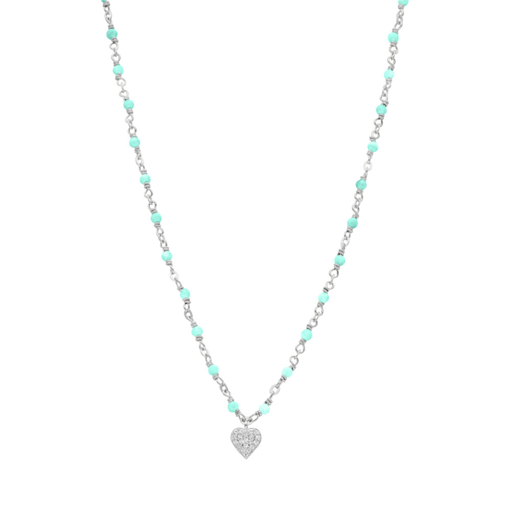 Collier argent rhodié cœur serti blanc et pierres amazonite